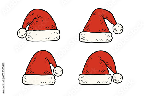 Collection of four traditional red Santa Claus hats with white trim and pom-poms