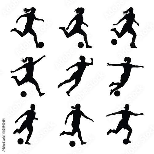 female soccer players icon set. female soccer players silhouette icon. Silhouette set of female soccer players in action poses on white background