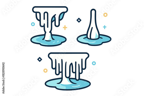 Three melting ice symbols showing dripping water and puddles representing thaw and climate change effects