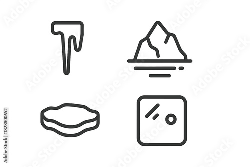 Minimalist set of four cold weather symbols: icicle, iceberg, ice floe, and ice cube