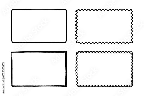Collection of four hand drawn rectangular frames with various doodle sketch styles
