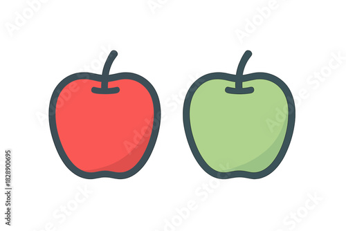 Stylized red and green apples depicted with thick outlines and minimal shading