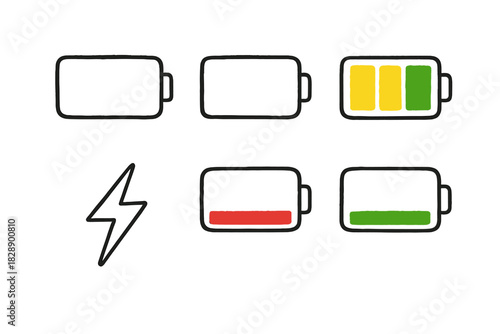 Hand drawn battery charge level indicators set with lightning bolt icon showing power status