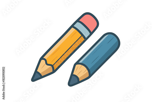Two colorful wooden pencils, one long yellow with an eraser and one short blue