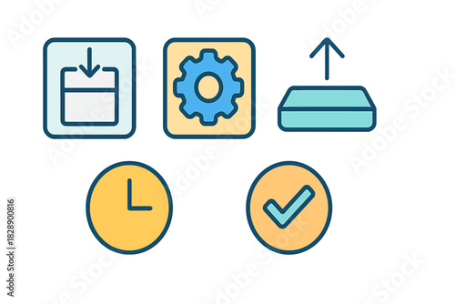 Essential user interface icons collection featuring download, settings, upload, time, and checkmark symbols