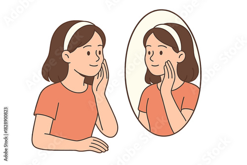 Smiling young woman checking her smooth facial skin reflection in an oval mirror