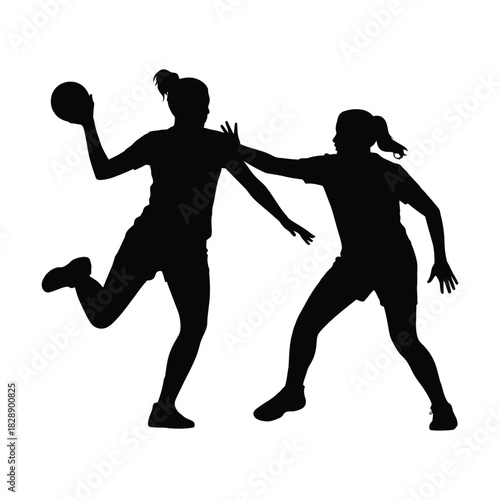  two female handball players in action during a game icon set. Silhouette of two female handball players in action during a game.  two female handball players icon.