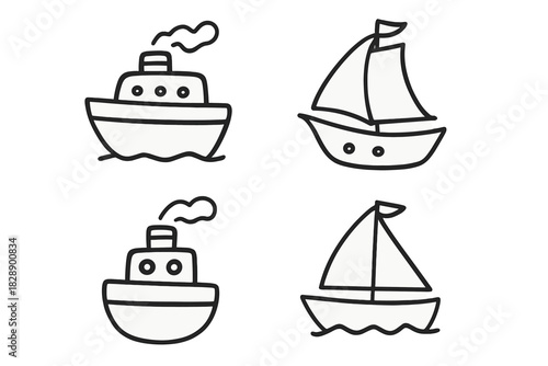 Simple black and white ships floating on waves including sailboat and steamship