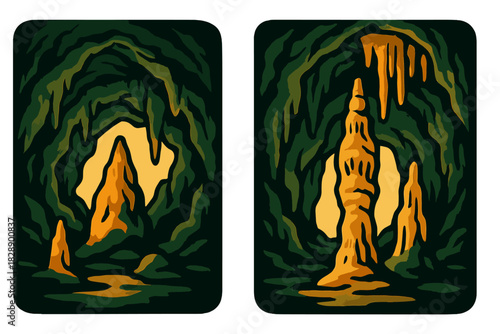 Mysterious dark cave entrance with glowing yellow light and natural rock formations