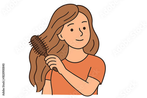 Smiling young woman brushing long brown hair with paddle brush self-care routine