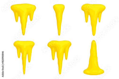 Collection of stylized yellow dripping liquid shapes isolated on white background