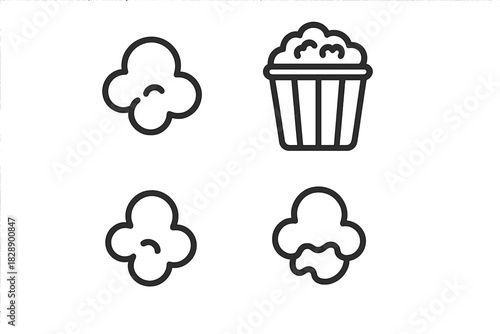 Minimalist outline symbols featuring a striped popcorn container and various single popped kernels