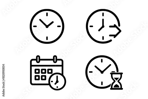 Time and scheduling symbols featuring clock, calendar, deadline, and hourglass