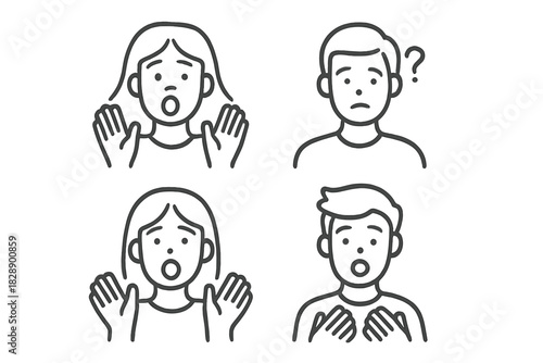 Four simple line icons showing human emotions: shock, surprise, confusion, and doubt with expressive faces and hand gestures