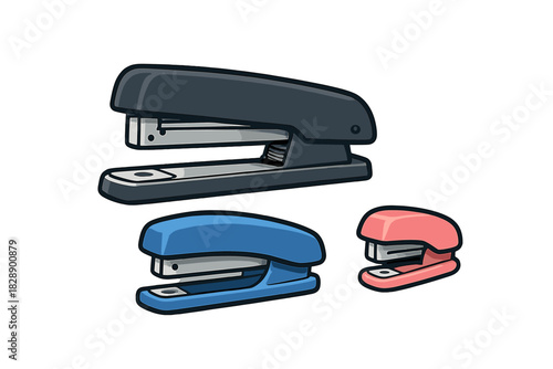 Group of essential equipment featuring three staplers in various sizes and colors
