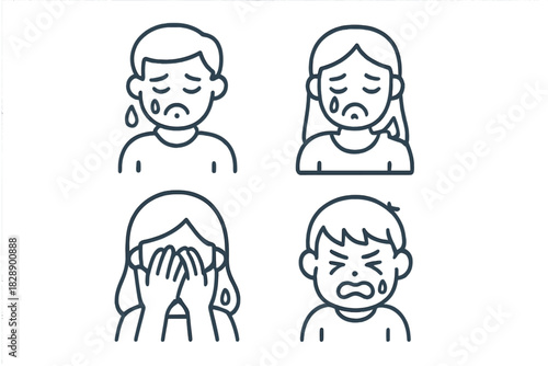 Line art faces showing crying, sadness, sorrow, distress, and emotional pain