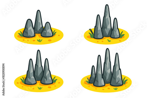 Stylized sharp gray rock formations set on small patches of yellow earth background
