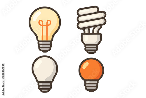 Set of various light bulbs: traditional incandescent, fluorescent, and modern energy-saving designs