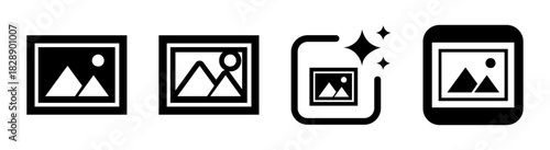 Picture icon illustration showing a photo landscape image symbol for media and app technology in black on a transparent vector design