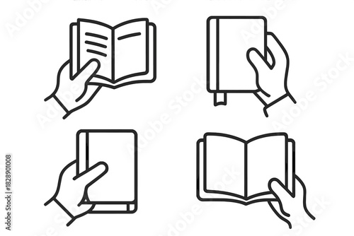Outline icons of hands holding open and closed books for reading and education