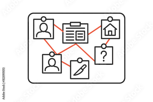 Detective investigation board mapping connections between suspects, evidence, location, and unknown factors