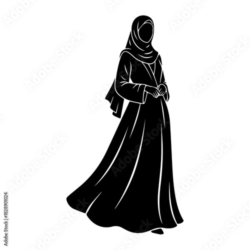Elegant black & white vector silhouette of a woman in a flowing abaya and modern hijab. Graceful, modest fashion illustration with clean lines and no facial details.