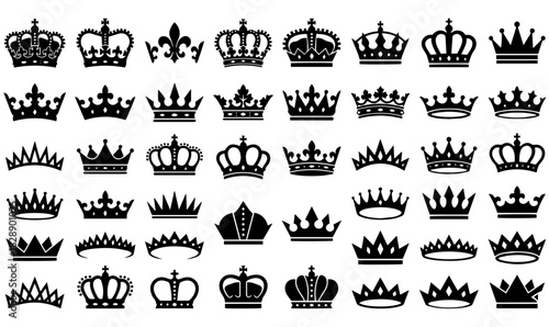 Crown Vector Icon Set, Diverse Royal Headgear Silhouettes on White Background, Crown vector icons, Royal headgear silhouettes, Medieval crown designs, Fleur-de-lis crown, Pearl-adorned crowns, png, 