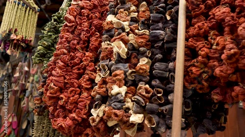 Dried peppers and eggplants in a traditional bazaar in Turkey.