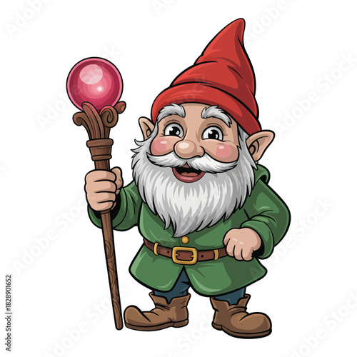 Smiling white bearded gnome stands happily holding an orb topped staff on transparent background