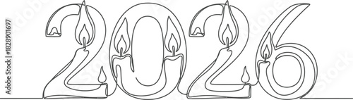 Continuous line drawing of 2026 with candles for a minimalist new year card