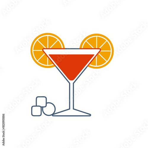 Red Cocktail Drink with Orange Slices and Ice Cubes in Martini Glass Minimalist Flat Design Style