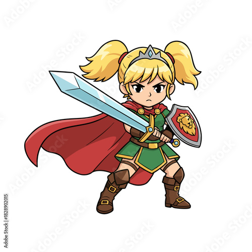 Pixel Art Warrior Girl With Blonde Pigtails Red Cloak Green Tunic Brown Boots Holding Sword and Shield Ready for Battle