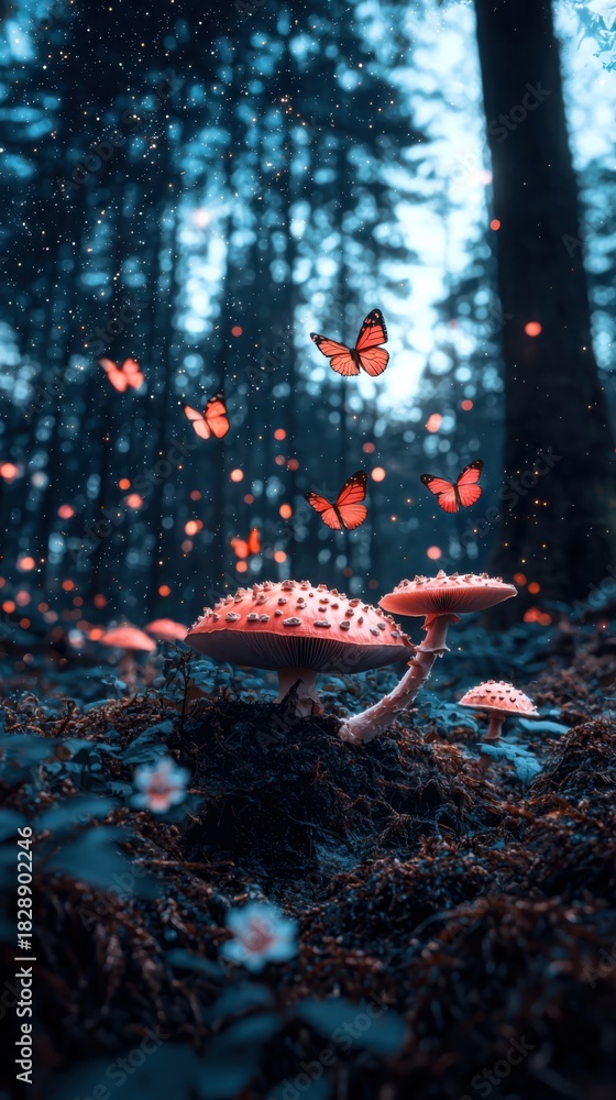 Fototapeta premium Enchanting forest scene with vibrant red mushrooms and delicate butterflies fluttering amidst glowing bokeh lights and magical sparkles, creating a mystical and ethereal atmosphere.