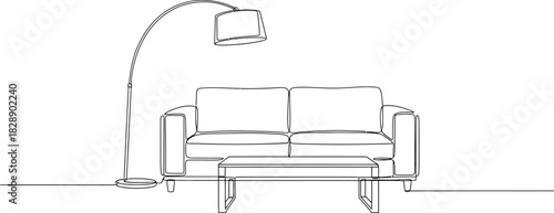 Minimalist living room interior with sofa lamp and table in continuous line art