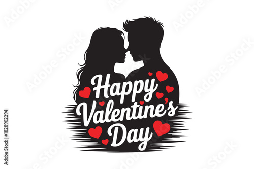 Romantic couple silhouette with happy valentines day message and hearts