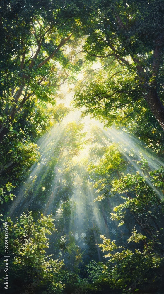 Fototapeta premium Sunbeams filtering through lush green forest canopy, illuminating vibrant foliage and creating a magical, ethereal atmosphere