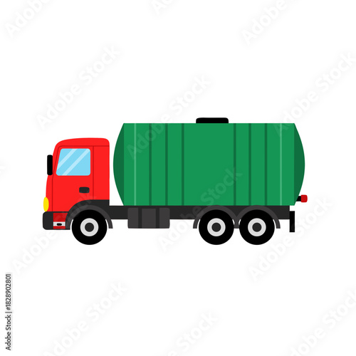 Red And Green Garbage Truck With Black Base And Blue Windows In Isometric View With Flat Vector Style On Black Background