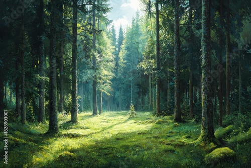 Sunlight filtering through a lush green forest canopy, illuminating a mossy forest floor with dappled light and shadows, creating a serene and tranquil natural landscape.