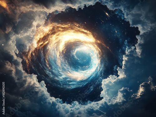 Cosmic Swirl of Fiery Nebula and Starry Sky Emerging from Dark Clouds, Abstract Space Phenomenon