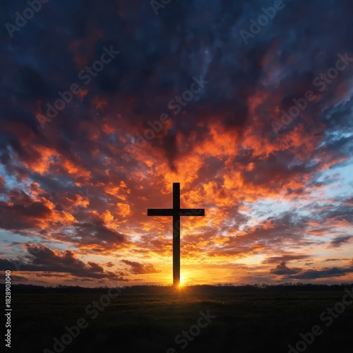 Silhouette of a Christian Cross Against a Dramatic Sunset Sky with Fiery Orange and Deep Blue Clouds Over a Darkened Landscape