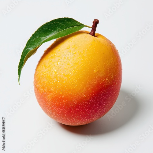 Fresh Ripe Mango with Green Leaf and Water Droplets on White Background, Studio Shot