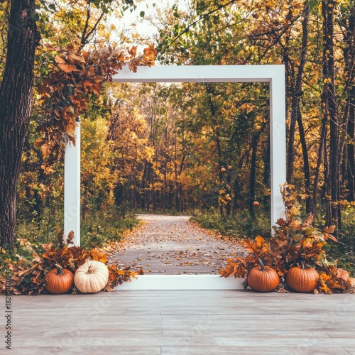 Decorative white frame adorned with autumn leaves and pumpkins framing a scenic forest path in vibrant fall colors, creating a cozy and inviting seasonal scene.