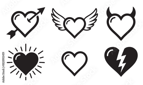 Love & Romance Vector Icon Set, Stylized Heart and Dove Silhouettes on White Background, Love vector icons, Romance illustrations, Heart silhouette set, Hearts with arrows, Angel wing hearts, png dil,