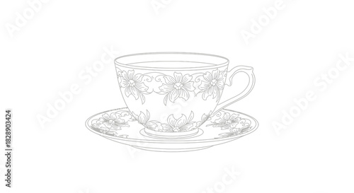 Elegant teacup and saucer with floral design on a white background drawing