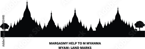 Myanmar pagoda silhouette, Buddhist temple skyline, cultural landmark vector, Southeast Asia architecture, travel heritage art, peaceful scene, nature backdrop