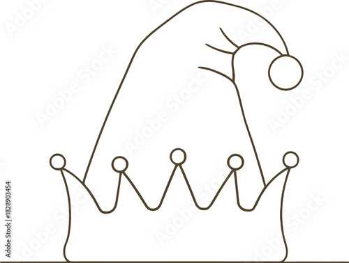 Cartoon elf hat with red trim and yellow bells on a plain white background