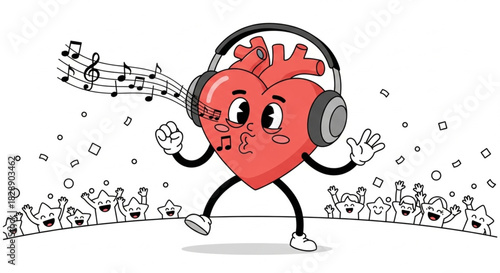 Groovy heart character with headphones dancing to music, feeling the beat with a star crowd, spreading love and joy through music and fun