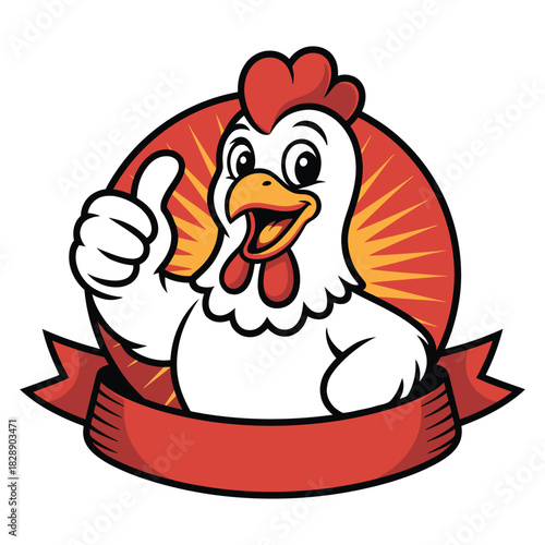 Optimistic white chicken with red comb presents thumbs up gesture above banner
