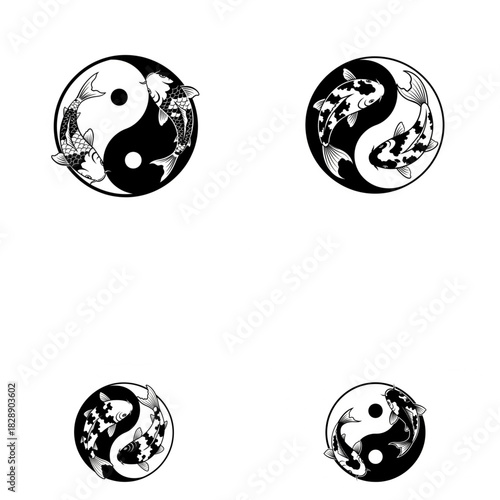 Set of Yin Yang symbols with Koi fish representing balance and harmony.