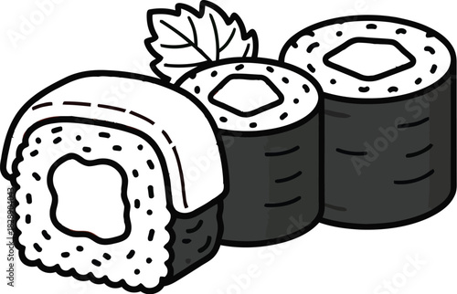 Delicious sushi rolls with salmon and rice on a white background cartoon style